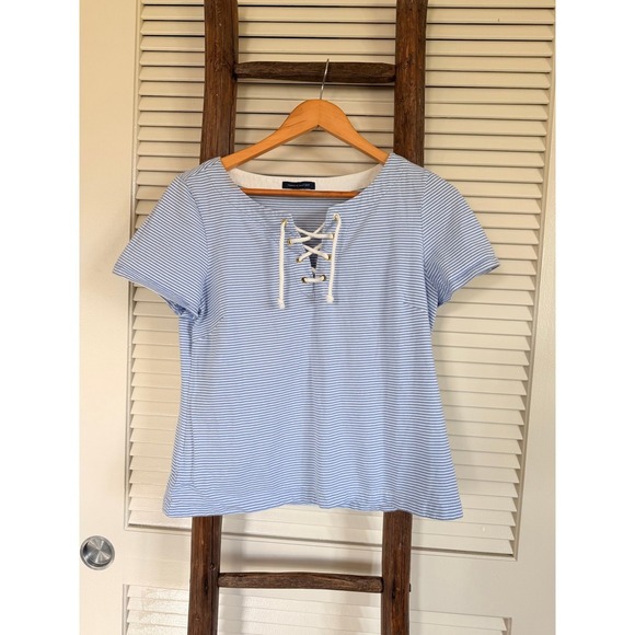Tommy Hilfiger Striped Lace Up Short Sleeve Top Blue White Size M - Picture 1 of 4